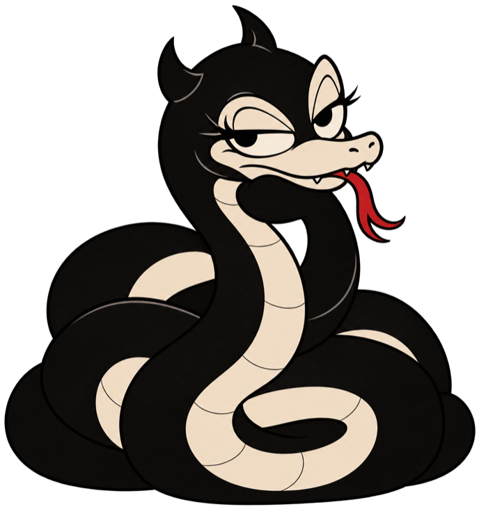 The Ex-Tax serpent mascot, coiled up and rolling her eyes